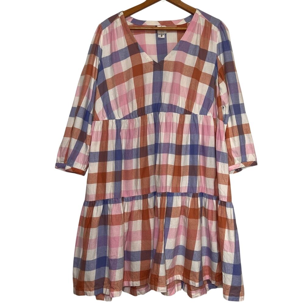 Hanna Andersson Tiered A Line Dress Size M Multicolored Plaid 3/4 Sleeve Cotton